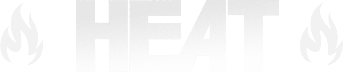 Silver 'heat' text with stylized flames on either side against a green background.