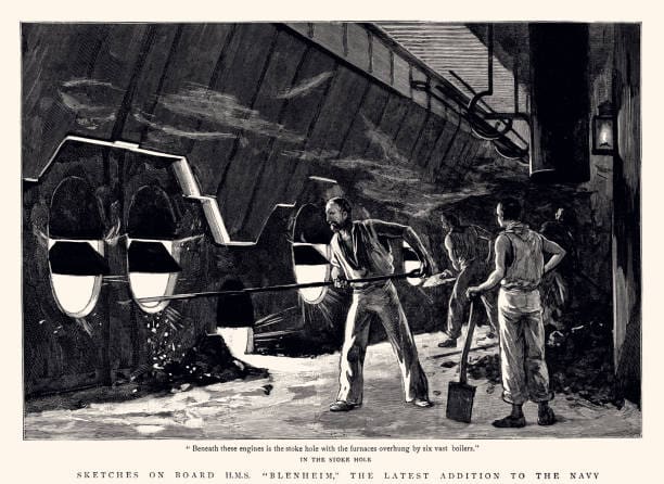 Sailors on board HMS Bleinheim the latest addition to the Navy in 1892.. Vintage engraving circa late 19th century. Digital restoration by Pictore.